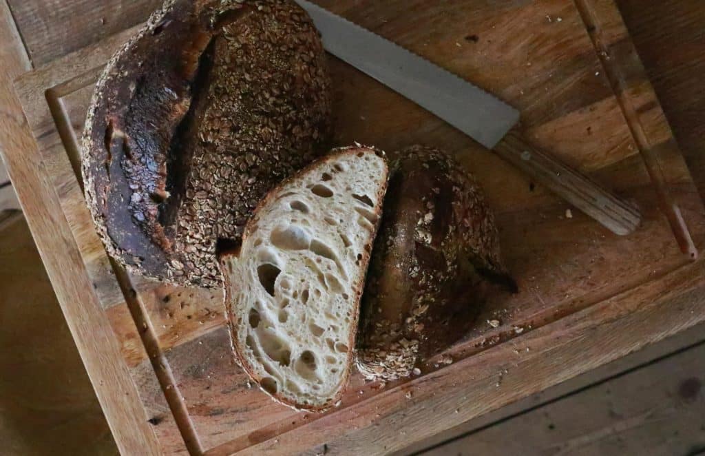 Delicious sourdough bread on table