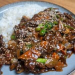 Teriyaki Beef Stir Fry served with rice on a plate