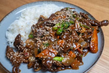 Teriyaki Beef Stir Fry served with rice on a plate