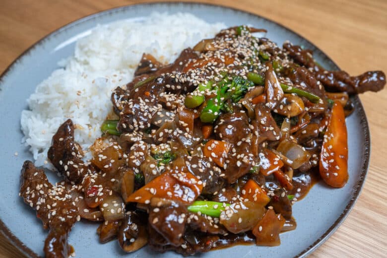 Teriyaki Beef Stir Fry served with rice on a plate
