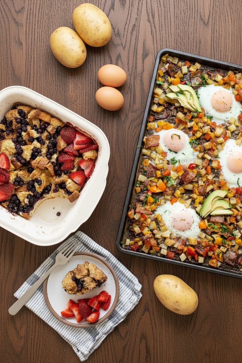 breakfast casserole recipes on a wooden oak table flat lay food photography